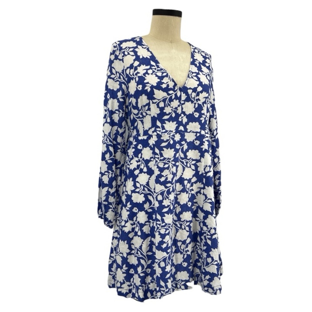 Boden Linen Floral Babydoll Cottagecore VNeck Puff Sleeve Dress Blue & White 8